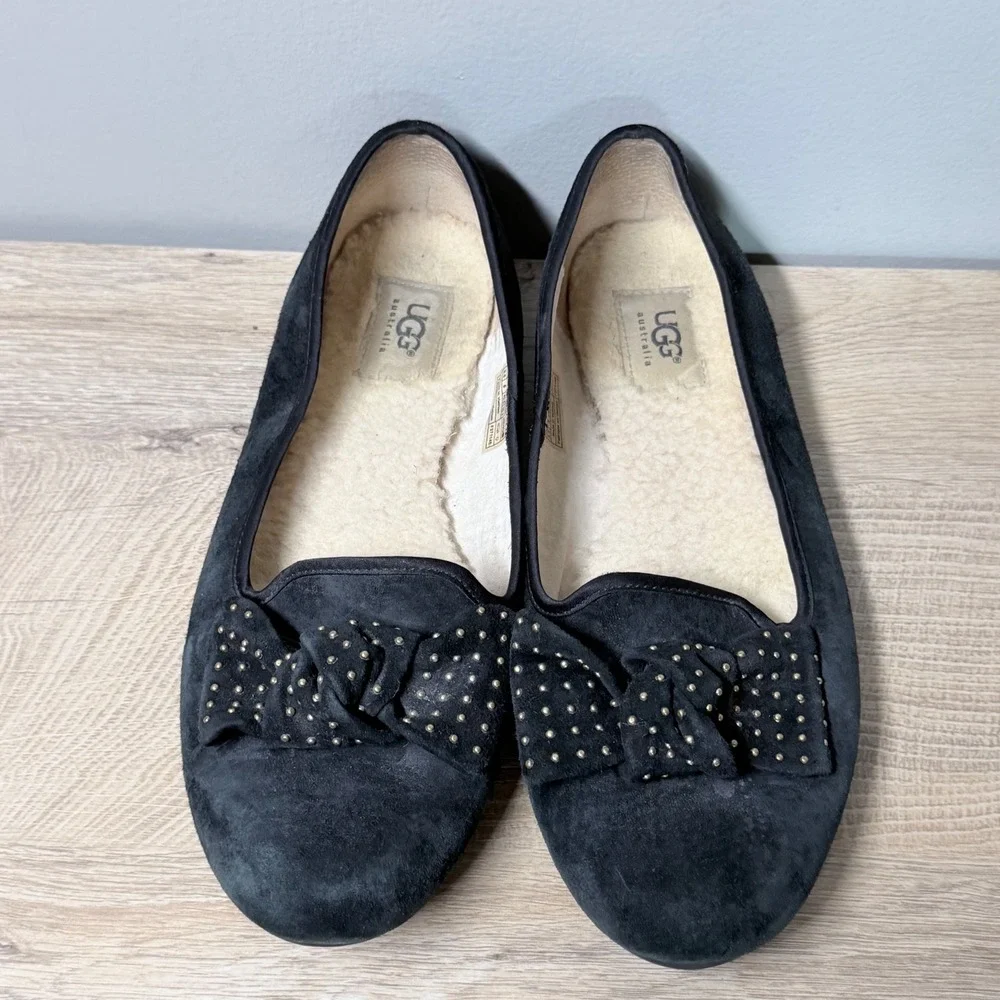 UGG Australia‎ Alloway Studded Bow Ballet Flats 9.5 Black Suede Shearling Lined